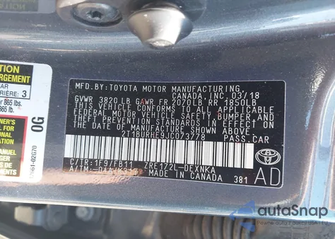 2018 Toyota Corolla Le из США, поврежденный, VIN 2T1BURHE9JC073778